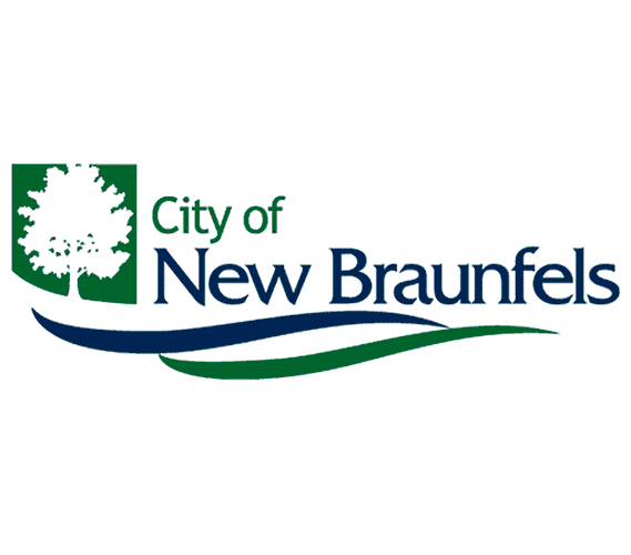 City of New Braunfels logo featuring a white tree silhouette inside a green square, with blue and green curved lines below the text.