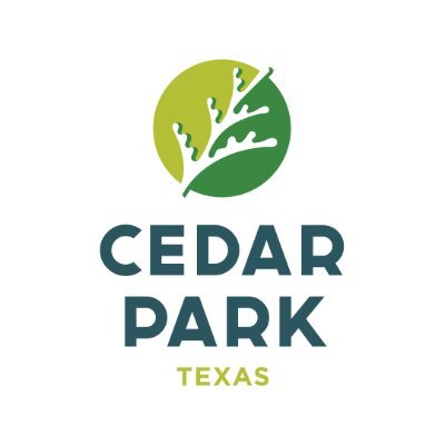 Logo of Cedar Park Texas featuring a circle with stylized green leaf design above the text.