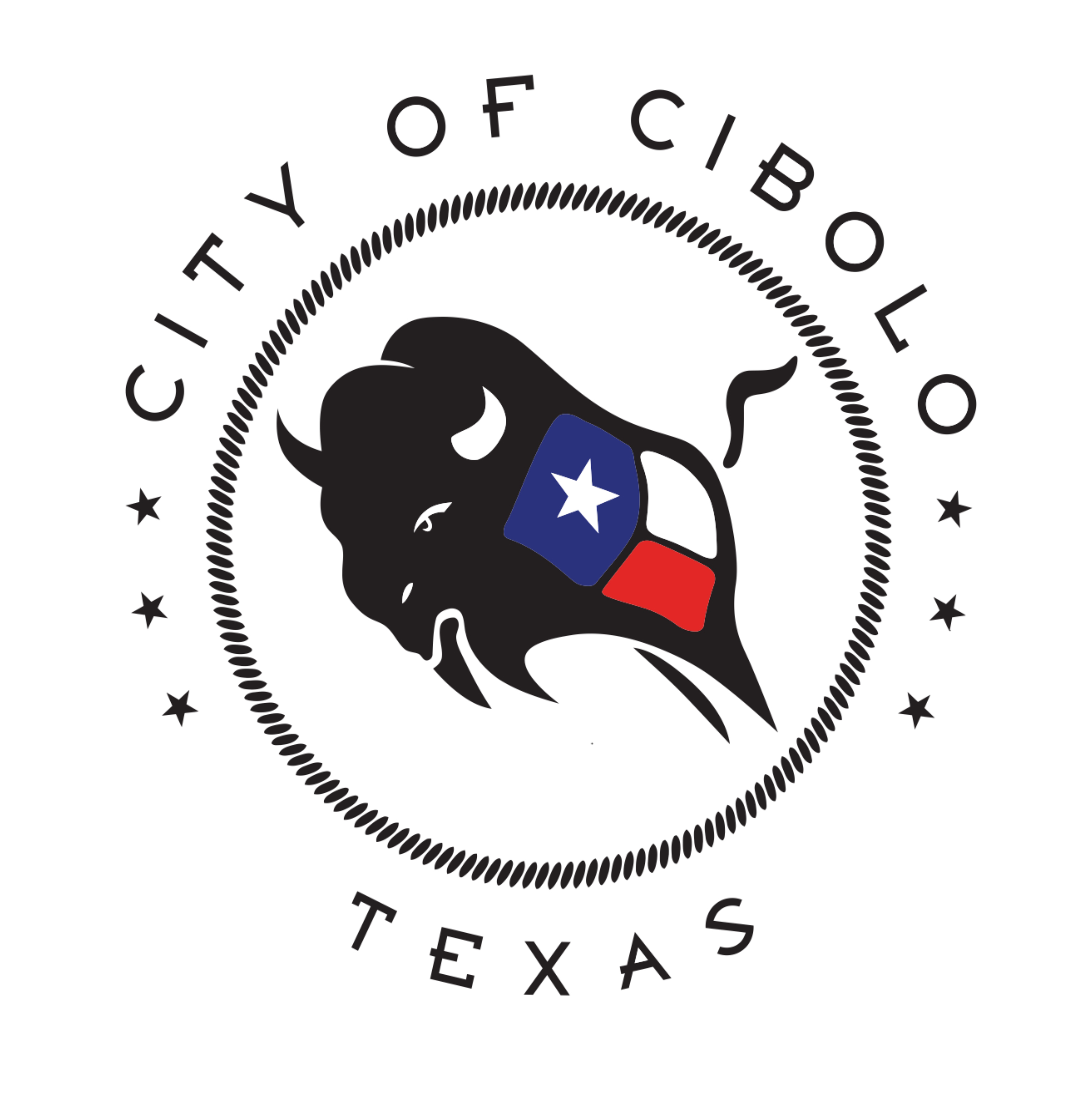 City of Cibolo Texas logo featuring a stylized black buffalo head with the Texas flag pattern on its cheek, surrounded by stars and circular rope design.