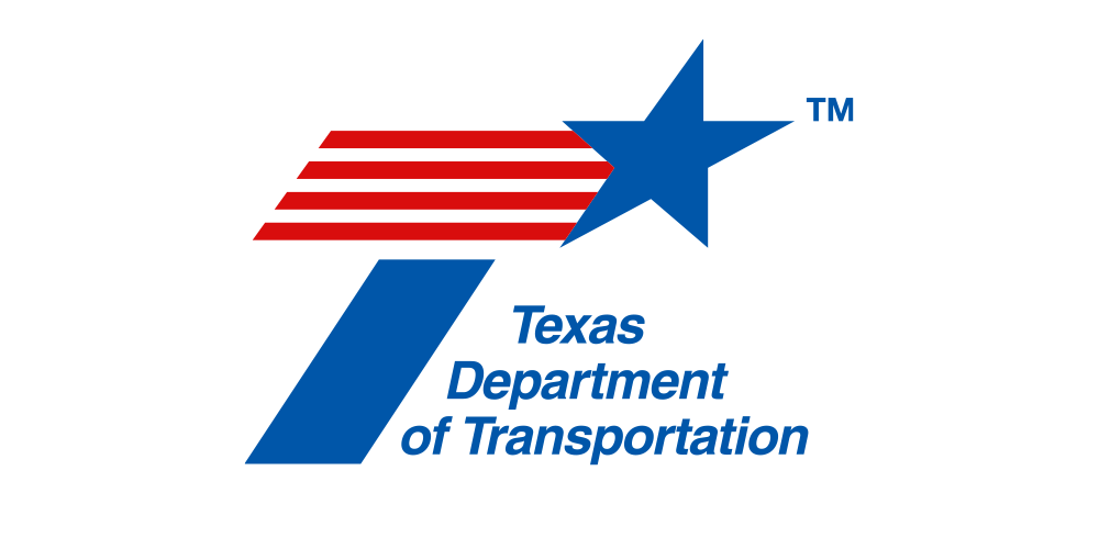 Texas Department of Transportation logo featuring a blue star, red horizontal stripes, and stylized blue text.