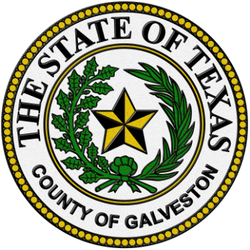 Seal of Galveston County, Texas, featuring a gold star surrounded by green olive and oak branches with the text 'The State of Texas County of Galveston'.