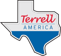 Outline of Texas state with text 'Terrell America' inside, showing white on top and blue on bottom.