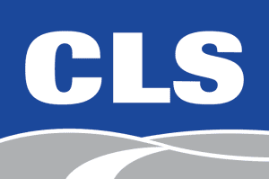 CLS logo with white uppercase letters on a blue background above a gray and white abstract road design.