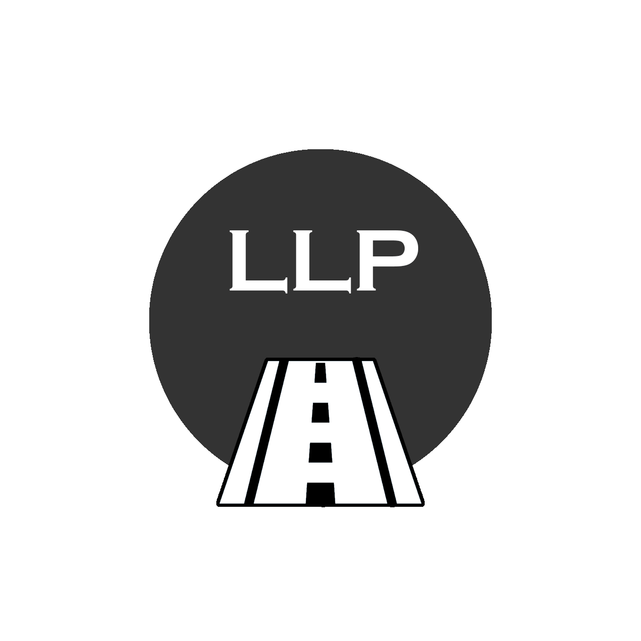 Logo with white letters 'LLP' above a stylized white road icon inside a dark circle.