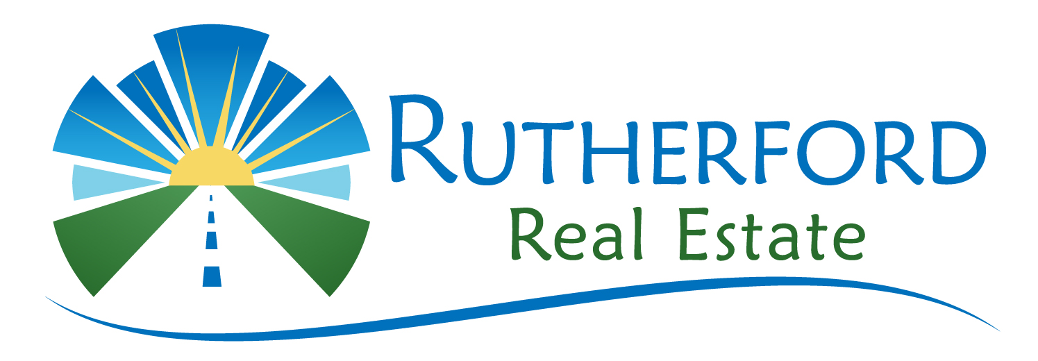Rutherford Real Estate logo featuring a stylized sun rising above a green road flanked by fields.
